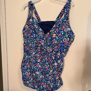 Lands' End Navy Floral V-Neck One-Piece Swimsuit.  Top only